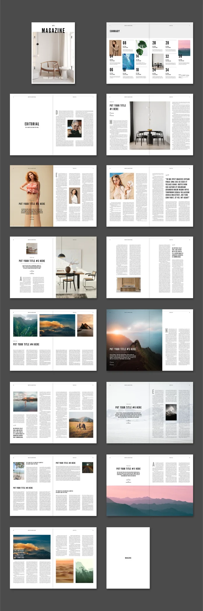 Minimalist Adobe InDesign Magazine Template by Tom Sarraipo in US Letter and A4.