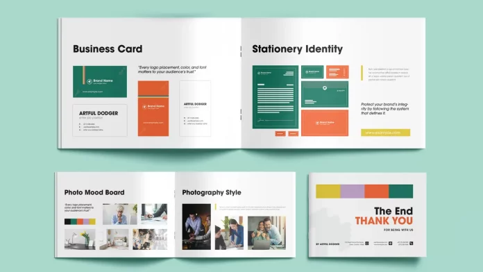 Download a Modern A4 Landscape Format Brand Identity Guidelines Brochure Template by DesignCoach for Adobe InDesign