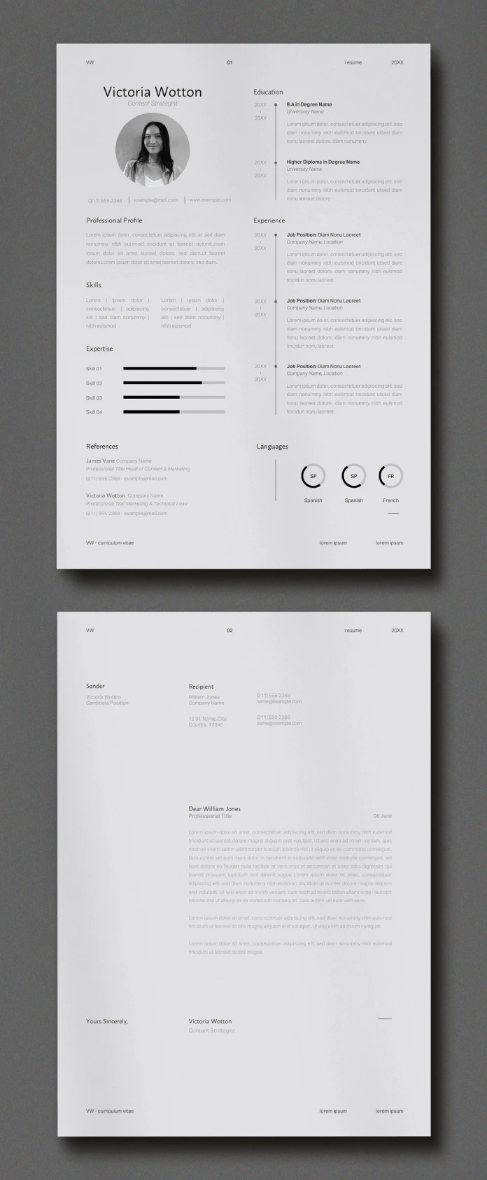 Modern and Minimalist Resume Template with 2 Pages by Wavebreak Media in US Letter and A4 for Adobe Illustrator.