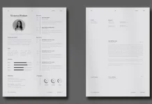 Modern and Minimalist Resume Template with 2 Pages by Wavebreak Media in US Letter and A4 for Adobe Illustrator.
