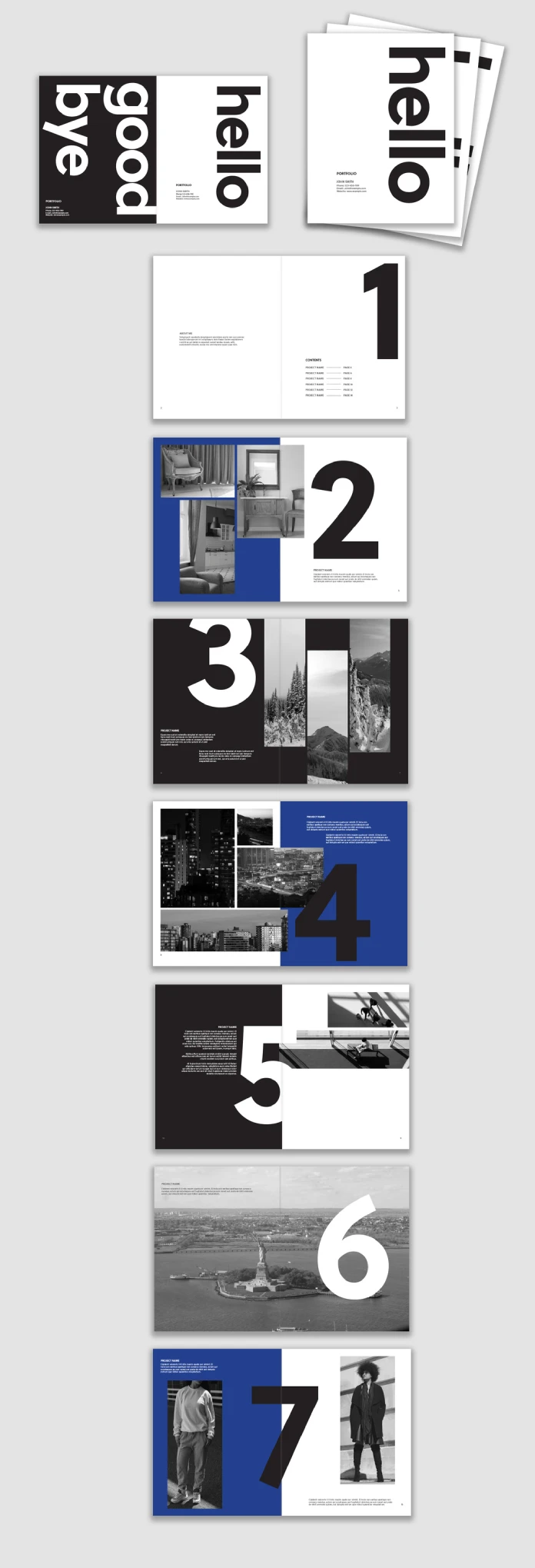 Blue, Black, and White Portfolio Template with Bold Text by Wavebreak Media for Adobe InDesign.