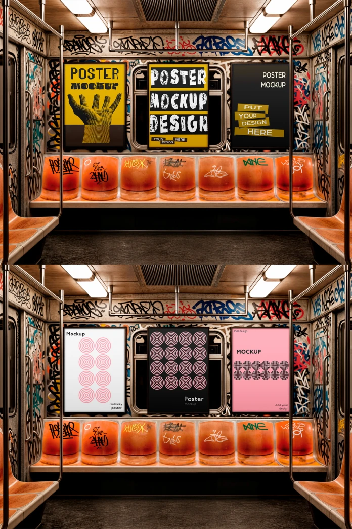 Urban Subway Poster Mockup for Adobe Photoshop – Triple Frame Display with Graffiti Background by Gustavo Comunello