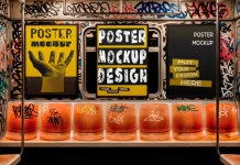 Urban Subway Poster Mockup for Adobe Photoshop – Triple Frame Display with Graffiti Background by Gustavo Comunello