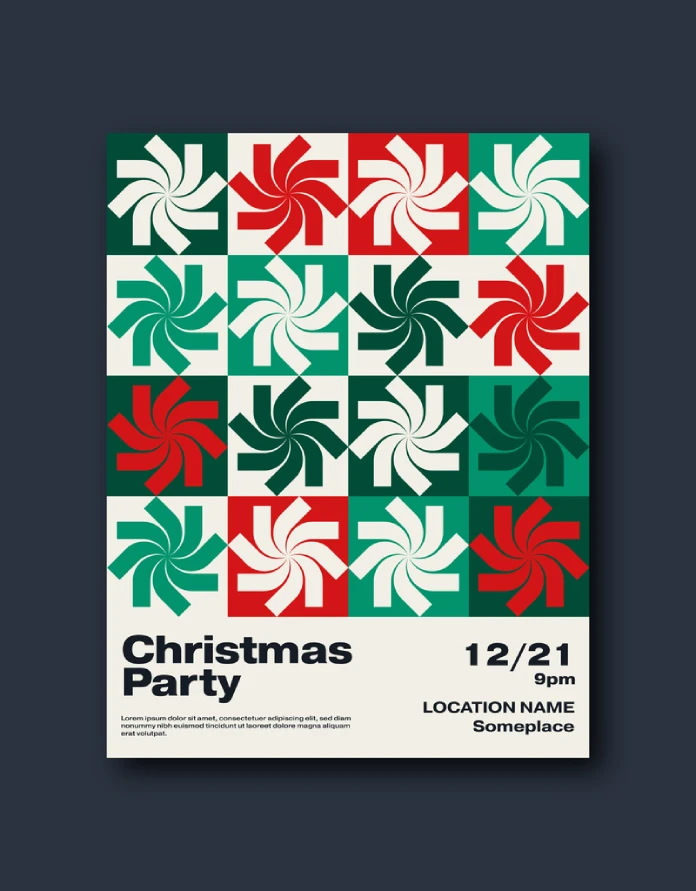 A minimalist, graphic Christmas party poster template with geometric snowflakes by Jozef Micic for Adobe Illustrator.