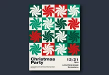A minimalist, graphic Christmas party poster template with geometric snowflakes by Jozef Micic for Adobe Illustrator.