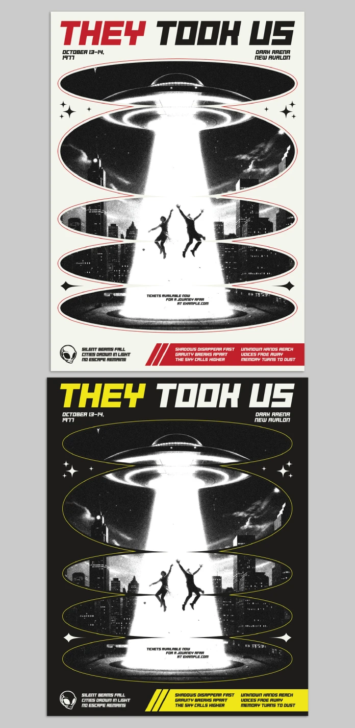 Customizable retro sci-fi concert poster templates for Adobe InDesign featuring UFO abduction imagery and bold futuristic typography.