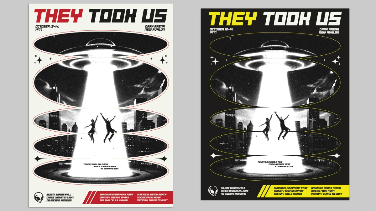 Customizable retro sci-fi concert poster templates for Adobe InDesign featuring UFO abduction imagery and bold futuristic typography. Customizable retro sci-fi concert poster templates for Adobe InDesign featuring UFO abduction imagery and bold futuristic typography.