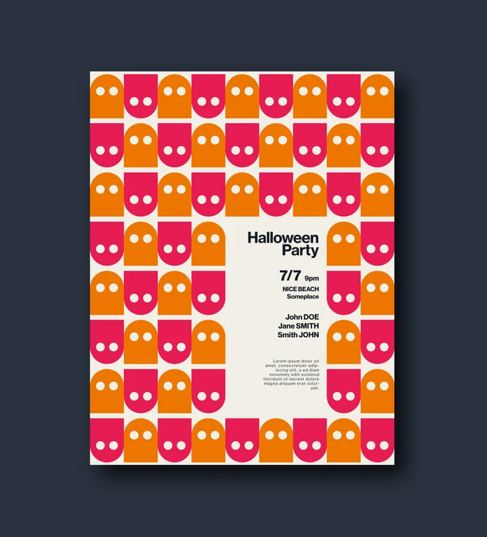 Graphic Halloween Party Poster Template with Little Ghosts Pattern for Adobe Illustrator