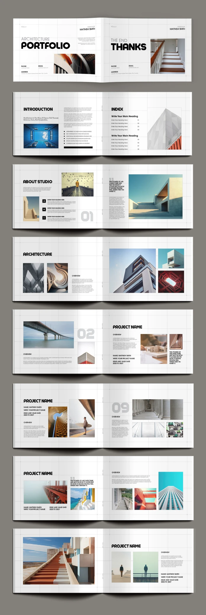 This modern architecture and graphic design portfolio template for creative projects by DesignCoach is fully editable in Adobe InDesign.