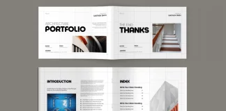 This modern architecture and graphic design portfolio template for creative projects by DesignCoach is fully editable in Adobe InDesign.