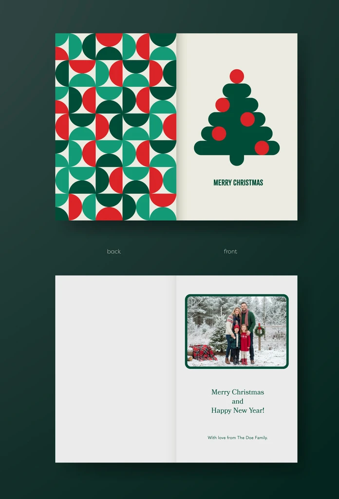 A Foldable Christmas Card InDesign Template with Xmas Tree and Space for Text and a Photo Inside by Jozef Micic in a Graphic, Minimalist Style.