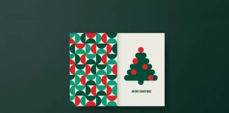 A Foldable Christmas Card InDesign Template with Xmas Tree and Space for Text and a Photo Inside by Jozef Micic in a Graphic, Minimalist Style.