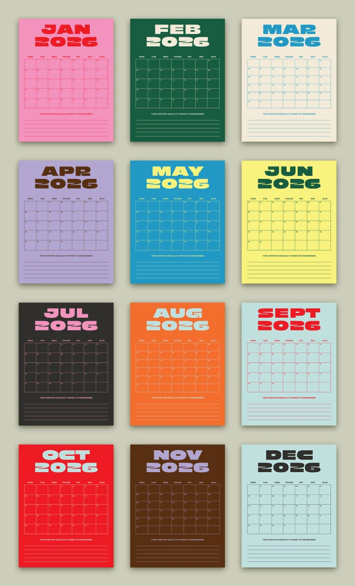 Download a Colourful 2026 Calendar Layout by LazyDazie as a Customizable Adobe InDesign Template