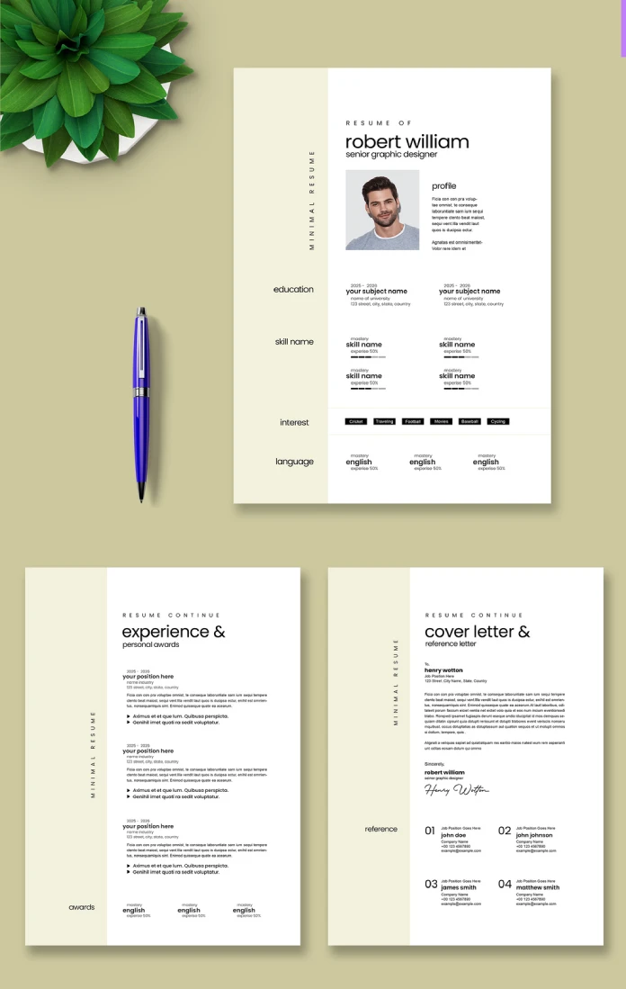 A Professional InDesign Resume (CV) and Cover Letter Template by ContestDesign in a Minimalist Layout.