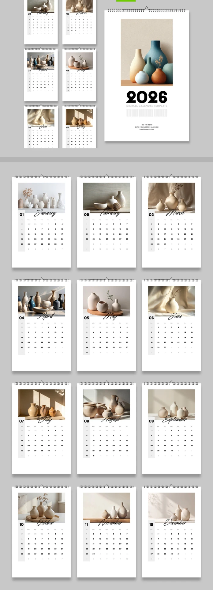 This minimalist Adobe InDesign wall calendar design template for 2026 by ContestDesign comes with a uniform, fully customizable layout for each month.