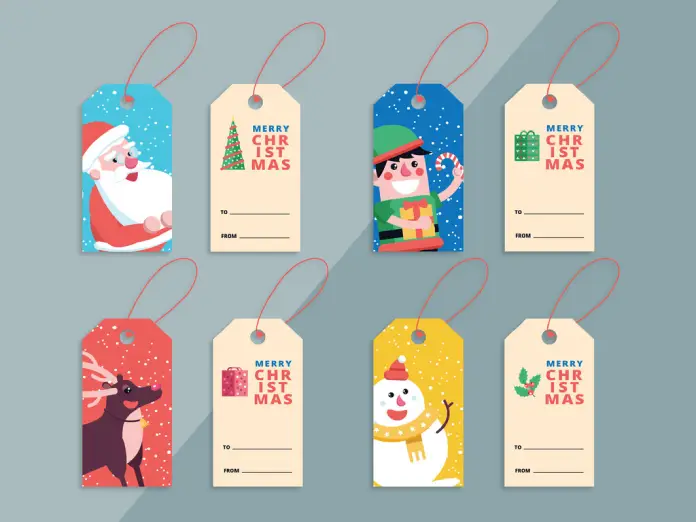 Download 4 Christmas Gift Tag Layouts as Vector Graphics for Adobe Illustrator with Festive Illustrations by GrafVishenka.