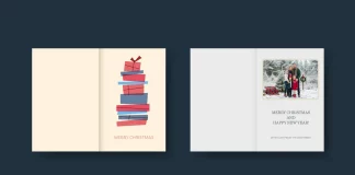 Adobe InDesign Christmas Card Template with Stack of Colorful Presents by Jozef Micic