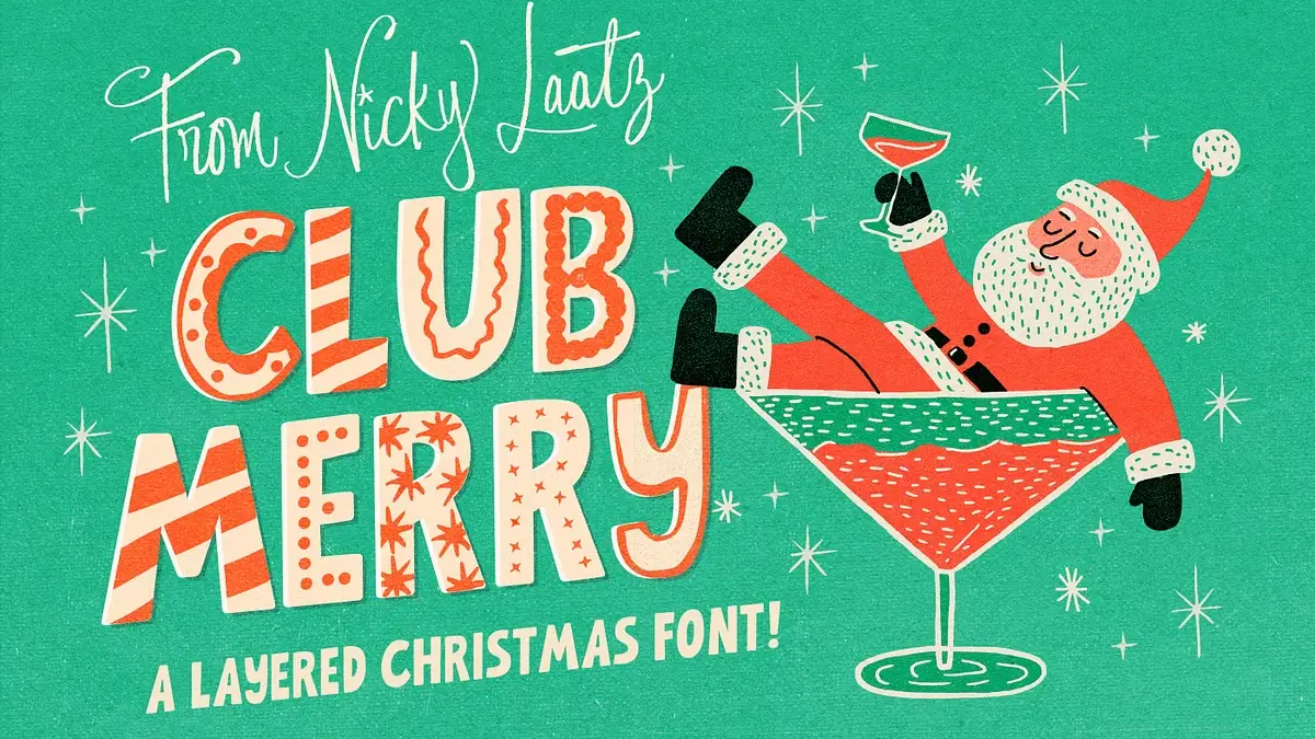 Club Merry Layered Font, a Retro Christmas Typeface by Nicky Laatz Club Merry Layered Font, a Retro Christmas Typeface by Nicky Laatz