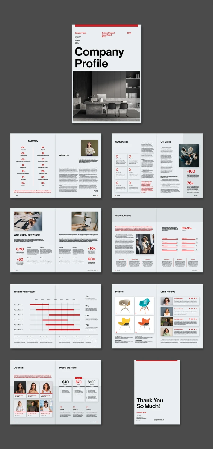 This Adobe InDesign company profile layout by graphic designer Tom Sarraipo is available as a customizable design template in A4 with 16 pre-designed, fully editable pages.