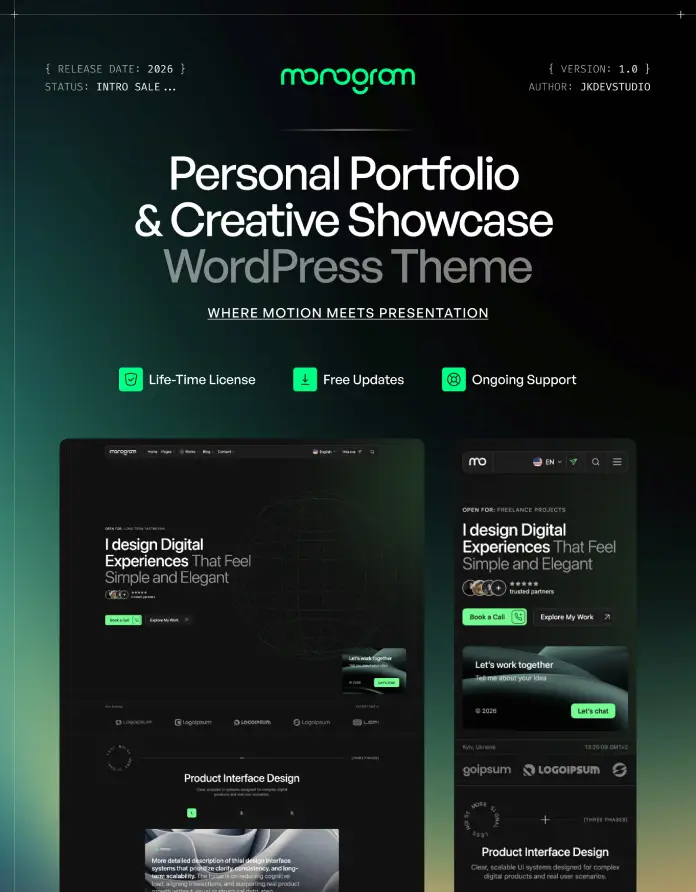 Monogram is a personal portfolio WordPress theme.